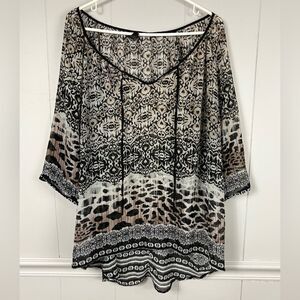 Lapis Boho Black White Brown Sheer Tunic 1X Animal Print 3/4 Sleeve Tie Front